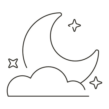 Simple line drawing of a crescent moon, cloud, and stars on a white background