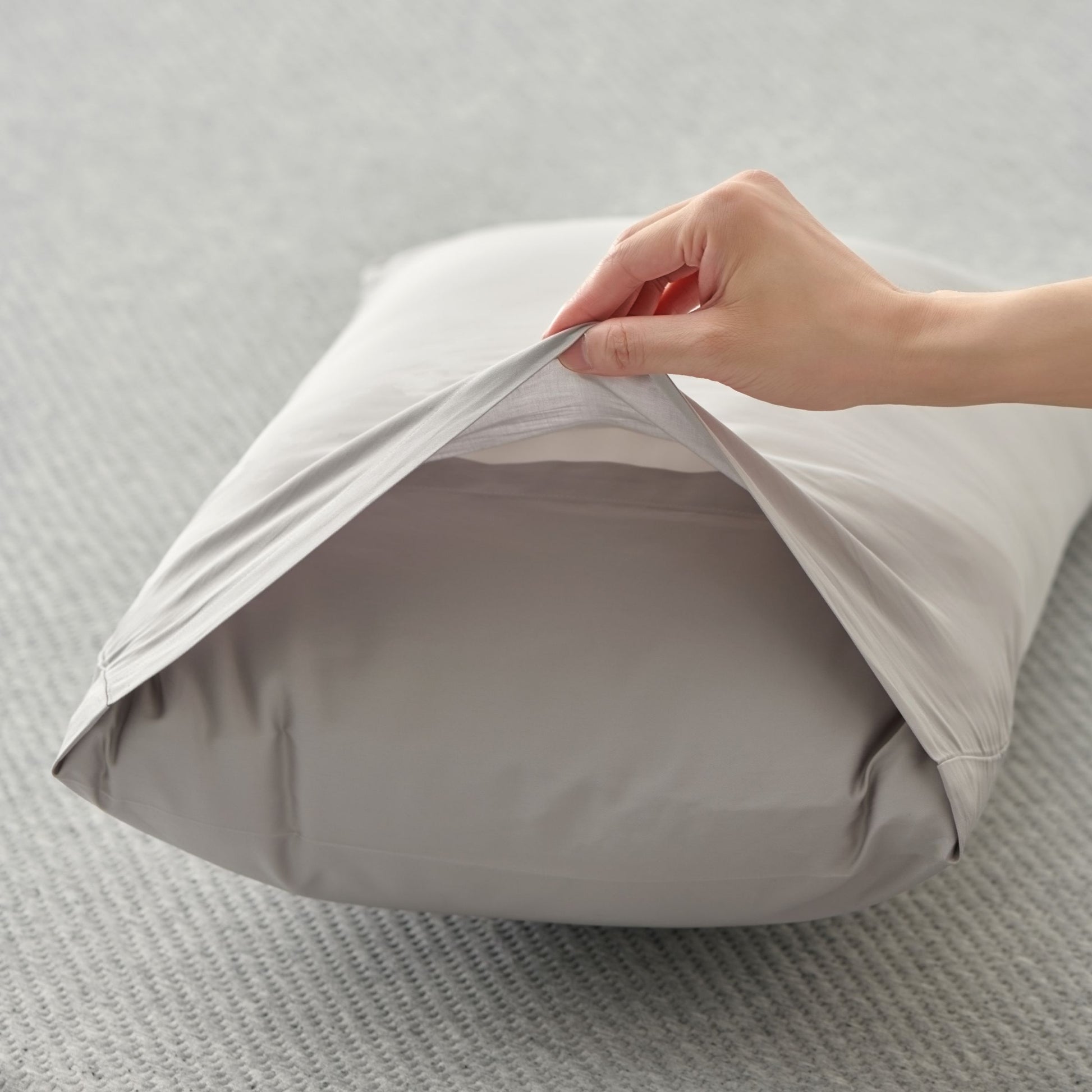 classic gray pillowcase with envelope closure, clean stitched edge
